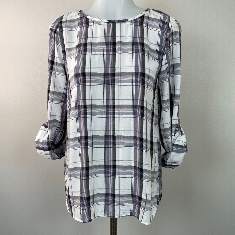 LOFT‎ Top Small White Purple Plaid 3/4 Roll-Tab Sleeve Blouse Women's